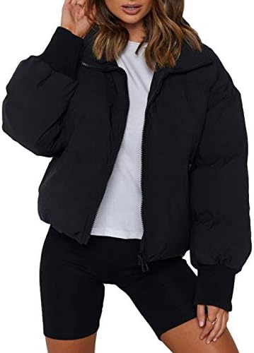 Uaneo Womens Casual Padded Full Zip Stand Collar Long Sleeve Puffer Jackets (Black, M)