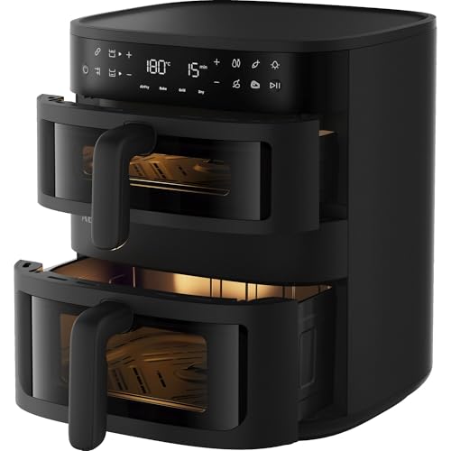 AEG DoppelkorbHeißluftfritteuse 11 L 2 Fächer für Paralleles Frittieren Backen Grillen Dörren Sichtfenster & Innenbeleuchtung 8 Automatikprogramme Spülmaschinenfest TouchLEDDisplay AAFD11B
