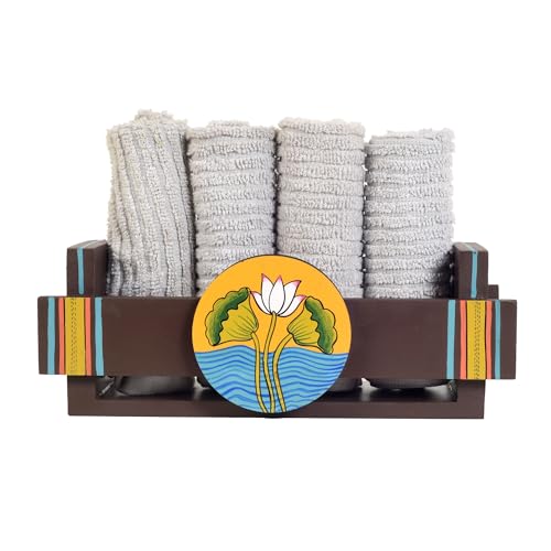 Image of Aakriti Art Creations Floral Art Wooden Towel Holder Stand | Pichhwai Iteeha Hand Towels Holder | Matte Finish Multicolor Towel Holder for Bath & Wash Area