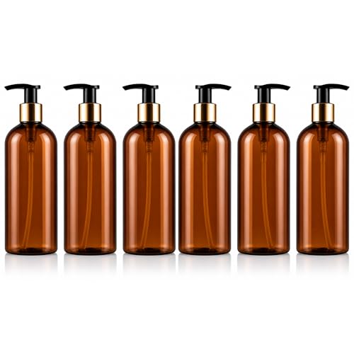Image of Prakash Empty Plastic Brown Golden Pump Bottles Dispenser 500ml Portable Shampoo Lotion Hand Bottle (Brown Golden Pump 500ML, Pack of 6)
