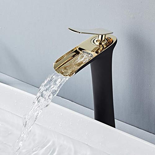 Grifo de montaje en cubierta con caída en cascada, mezclador alto de oro negro para lavabo