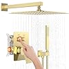 Iriber brushed gold shower system wall mount with 12 inch rain shower head and handheld bathroom champagne bronze shower set contain shower faucet mixer trim kit valve included  urban country home decor