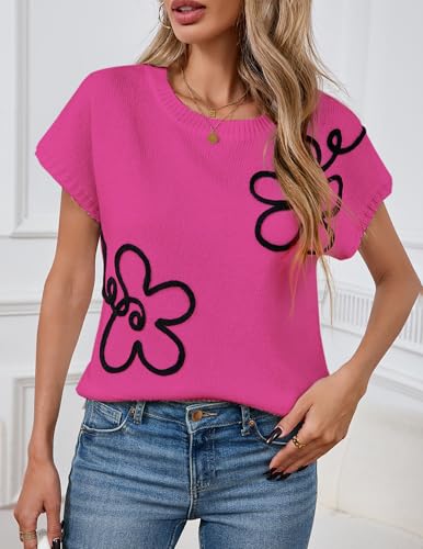 Image of Libsorge Womens Cute Flower Cap Sleeve Sweater Vest Spring 2025 Lightweight Ribbed Knit Crewneck Knit Top