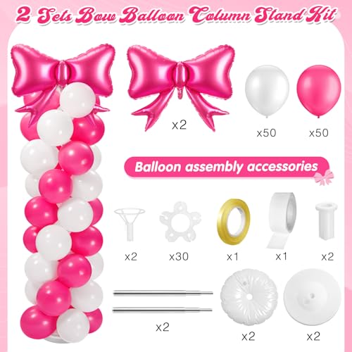 Charnoel 2 Sets Hot Pink White Bow Balloon Column Stand Kit Includes 2 Bows & 100 Latex Balloons Adjustable Stands for Princess Birthday Wedding Coquette Baby Shower Party Decoration by Charnoel - Image 2