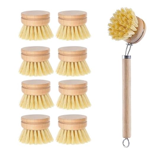 Holz-Spülbürste mit 8 Ersatzköpfen & Naturfaser-Borsten – plastikfrei für gründliche Reinigung von Töpfen, Pfannen und Geschirr