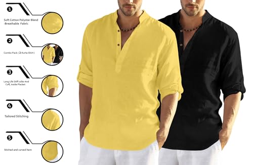 Image of Zombom Men's Combo Cotton Polyester Blend Solid Full Sleeve Straight Regular Fit Mandarin /Chinese Collor Kurta (Pack of 2)