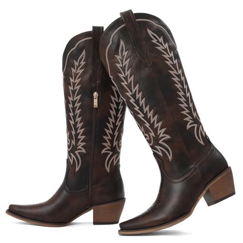 Image of Tscoyuki Cowboy Boots for Women: Embroidered Western Knee High Boots Women - Pointed Toe Chunky Heel Cowgirl Tall Boots