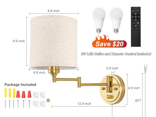 Image of GOODATE Plug in Wall Sconces with Remote Control, Dimming & Adjustable Colors 2700K-6500K, Hardwire or Plug-in, Swing Arm Wall Lamp with Linen Fabric Shade, Wall Sconces Set of Two, Gold Finish