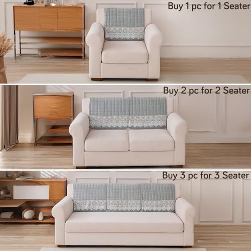 Image of HOKIPO 'BelleLace Series' Imperial Milk Velvet Sofa Backrest Mat Cover with Lace | Anti-Slip | 1 Pc - Cloud Grey (AR-6311-LGRY)