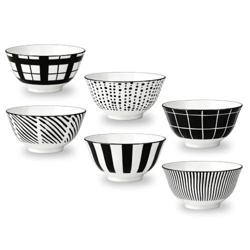Porcelain Dessert Bowls Ice Cream Bowl - Ceramic Small Bowls 10 oz - Littlebowl for Rice | Soup | Snack | Side Dish - Japanese Black and White Bowl Set of 6 - Microwave and Dishwasher Safe - 4.75 Inch