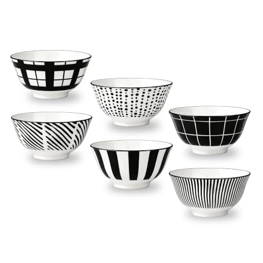 Porcelain Dessert Bowls Ice Cream Bowl - Ceramic Small Bowls 10 oz - Littlebowl for Rice | Soup | Snack | Side Dish - Japanese Black and White Bowl Set of 6 - Microwave and Dishwasher Safe - 4.75 Inch