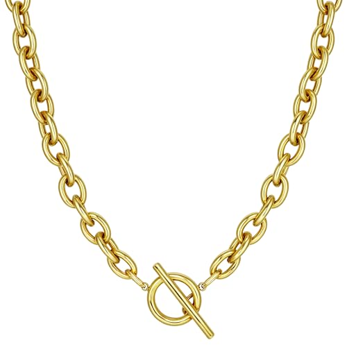TEN MIRO 18k Gold Plated Plated Chunky Gold Plated Necklace for Women Sweatproof, Non Tarnish Chunky Statement Chain Necklaces Thick Gold Plated Paperclip Link Chain Necklace Stacks Toggle Clasp Necklaces