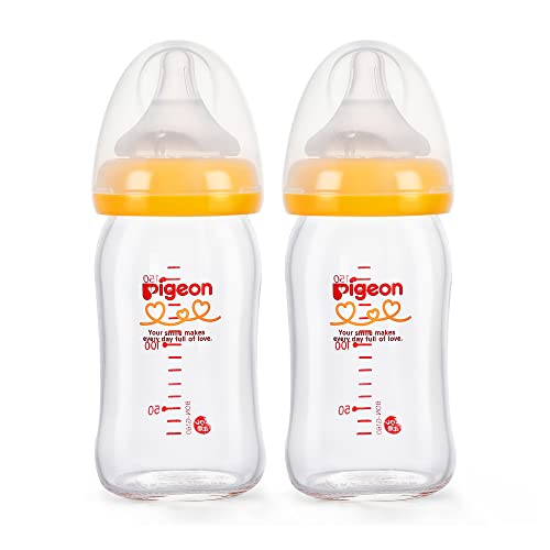 Pigeon Glass Nursing Bottle Wide Neck, Natural Feel, Easy to Clean, Heat-Resistant, Orange, 5.4 Oz (Pack of 2)