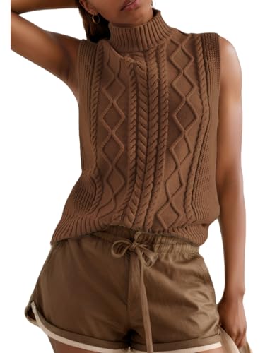 Image of Women's Casual Mock Neck Sleeveless Work Office Sweater Tanks Vintage Cable Rhomboid Knitted Pullovers Vest