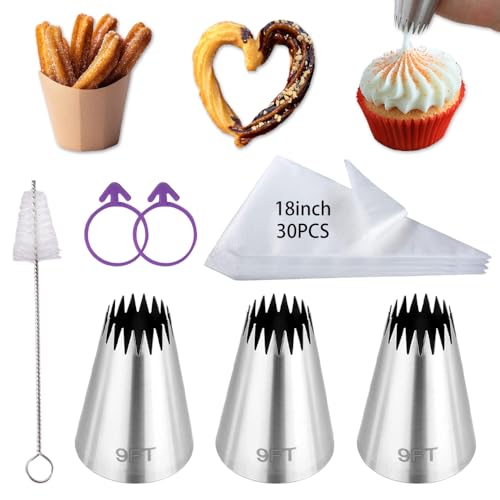 3Pcs Large Churro Piping Tips And Bags Set,9Ft Pastry Tips With 30Pack 18Inch Large Piping Bags Disposable For Churros Maker,French Star Piping Tips For Eclairs,Butter Cookies,Cupcake Decorating Tips