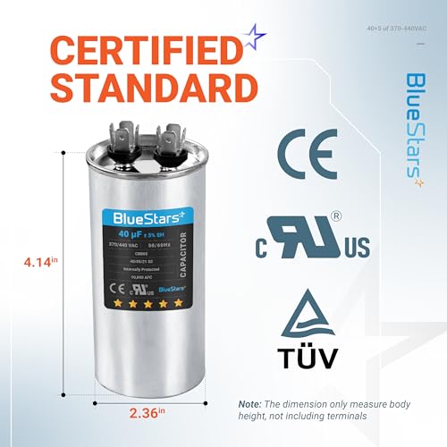 [2025 Upgraded] BlueStars 40+5 uF 40/5 MFD 370V or 440 Volt VAC Round Dual Run Capacitor Dual Run Circular Start Capacitor - Compatible for Air Conditioner or Heat Pump Condenser