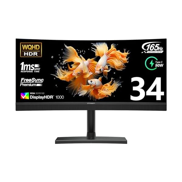 INNOCN 34 Inch Curved Ultrawide Gaming Monitor Mini LED 3440 x 1440p 165Hz PC Computer Gaming Monitor, USB Type C Power Delivery, HDMI, DP, Stereo Speakers, Charger Pad, Black