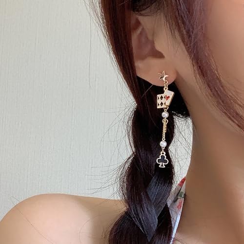 Unique Playing Card Dangle Earrings Red Heart Queen Poker Earrings for Women,Gold Asymmetric Rabbit Long Clock Poker Dangle Earrings Queen Hearts Costume4