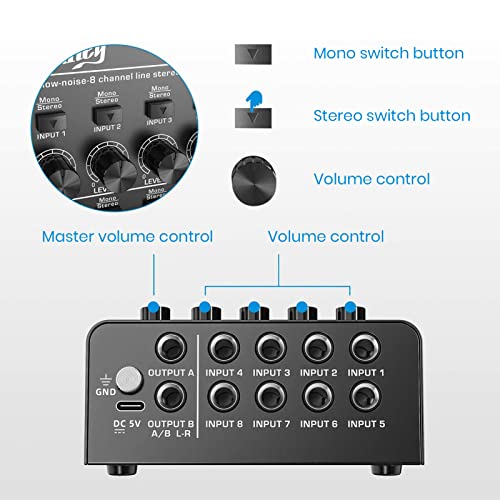 Moukey Audio Mixer, DC 5V, 8 Stereo Ultra, Low Noise 8 Channel Line Mixer for Sub-Mixing, for Small Clubs or Bars, As Guitars, Bass, Keyboards Mixer, MAMX3