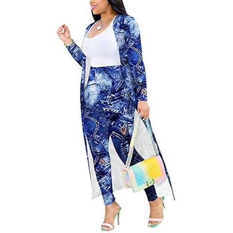 CQWL Womens Fashion Printed Long Cardigans 2 Piece Outfits,Long Sleeve Coat and Trousers Set - blue - S Cover