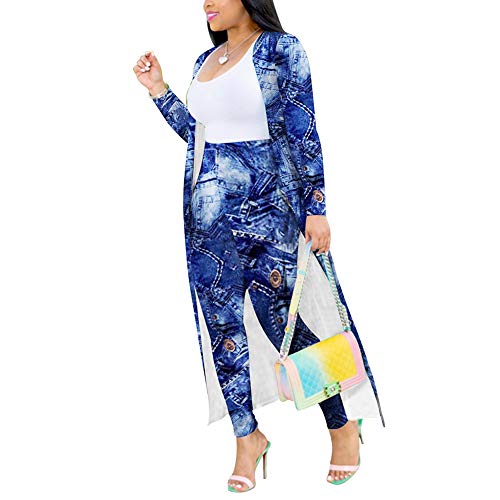 Image of Womens Fashion Printed Long Cardigans 2 Piece Outfits,Long Sleeve Coat and Trousers Set