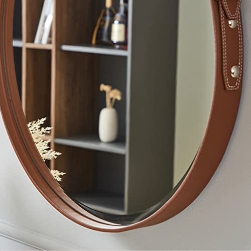 Rustic Leather Framed Round Hanging Mirror, Adjustable Leather Strap, Home Decor Wall Mounted Large Circle Decorative Shaving Mirror, Brown, For Entryway Bathroom Bedroom Washroom (Size : 70Cm) #TOP5