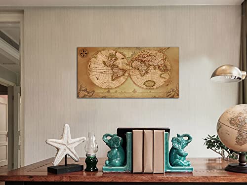 Acocifi World Map Wall Art Canvas Old Nautical Map Picture Beige Retro Painting Globe Spherical Vintage Map Artwork For Bedroom Living Room Study Room Teens Room Home Office Large Decor 40"X20" #TOP3