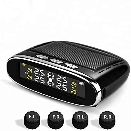 Backber Chrome Finish Universal Solar Car Tyre Pressure Monitoring System with 4 External Sensors, External-Digital LCD Monitor, Auto Cars Safety Alarm with Piano Touch Body