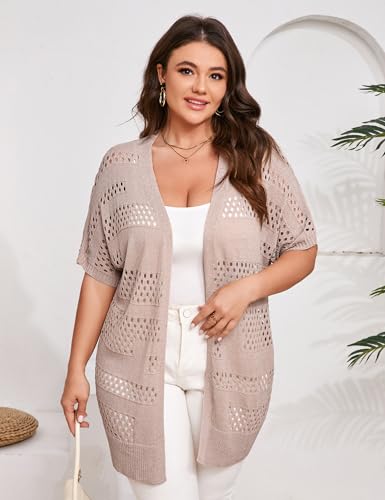 Image of Summer Crochet Cardigan Plus Size Women Short Sleeve Open Front Knitted Cardigans Lightweight Cover Up for Beach