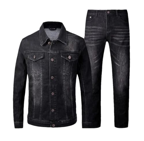Jeans punk slim fit homme ensemble 2 pièces style cowboy noir streetwear