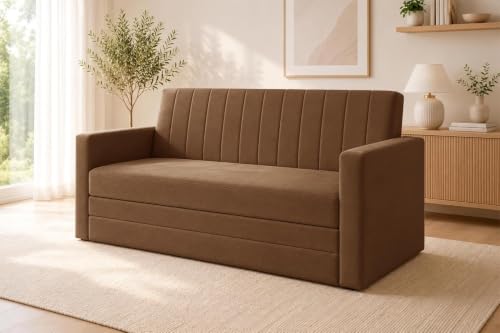 Image of Los Angeles Modern Velvet 3 Seater Sofa Cum Bed with Armrest, Multipurpose Convertible Sleeper Couch Sofa for Living Room, Bedroom & Office- Brown Color