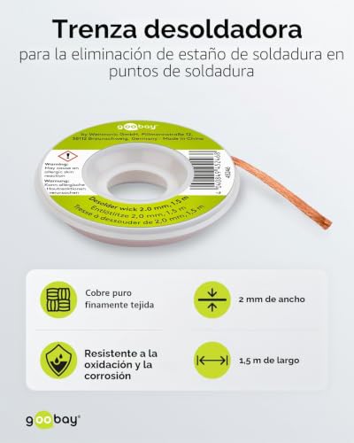 Miniatura 2 de Goobay 45246 Malla Para Desoldar Cobre Puro 2 Mm Eliminación De Estaño Trenza De Mecha De Soldadura Mecha Para Desoldar Alambre Para Soldar Bobina De 1,5 M
