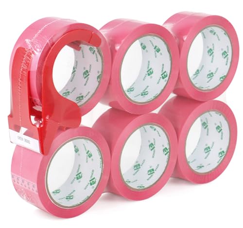 BOMEI PACK Pink Packing Tape with Dispenser, 2.4 Mil 1.88 Inch x 60 Yards, 6 Refills Rolls Color Box Tape for Moving, Shipping and Packaging