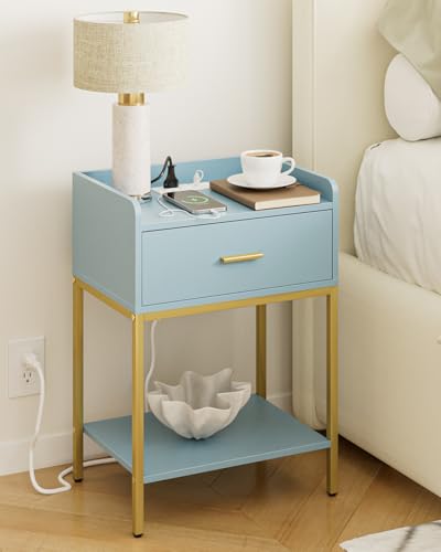 Image of Masupu Nightstand with Charging Station,3-Tier Modern Bedside Night Stand with Storage Drawer and Shelf,Small End Side Table for Bedroom,Living Room,Gold and Blue