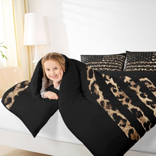 Image of Feelyou American Flag Leopard Kids Comforter Set Full Size Hunting Bedding Set Brown Cheetah Print Duvet Quilt for Kids Boys Girls Bedroom Animal Fur Decor Microfiber Ultra Soft Breathable