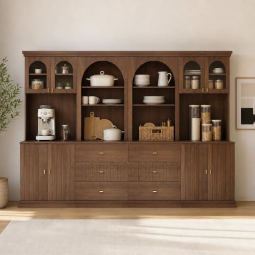 Image of ivaniti 71 inch Arched Kitchen Pantry Cabinet Set of 4, Dark Brown Freestanding Storage Hutch Combination with 2 Glass-Door Coffee Bar Cabinets and 2 Three-Drawer Open Shelf Cabinets for Kitchen