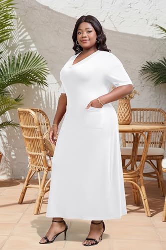 Image of Runwind Plus Size T Shirt Maxi Dress for Women Short Sleeve V Neck Casual Long Dresses with Pockets
