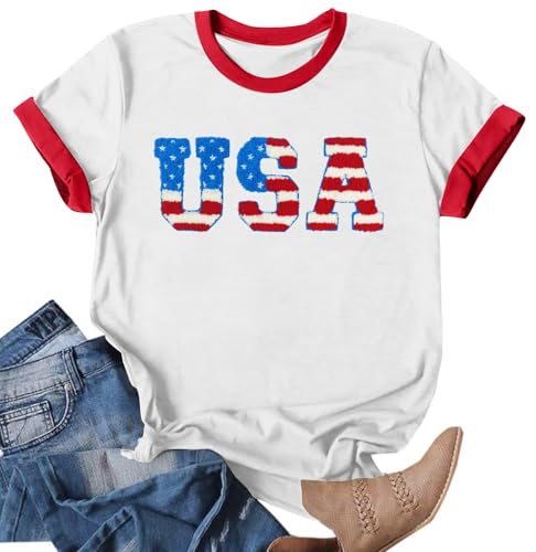 Image of Ithalt Women 4th of July Shirt Fourth of July Shirts USA Sequin Tshirt American Patriotic T-Shirt Stripes Tee Tops