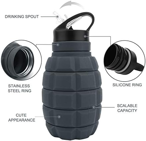 Collapsible Travel Water Bottle18oz, Reuseable BPA Free Silicone Foldable Water Bottles for Gym Camping Hiking, Portable Leak Proof Sports Water Bottle with Carabiner (Dark gray) 3 41bWI9g+baL. AC