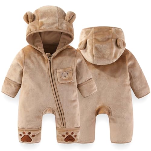 Image of Fairy Baby Newborn Baby Bear Outfit With Fold-Over Mittens Footies Thin Fleece Romper Hooded Jumpsuit Winter Coat Girls Boys