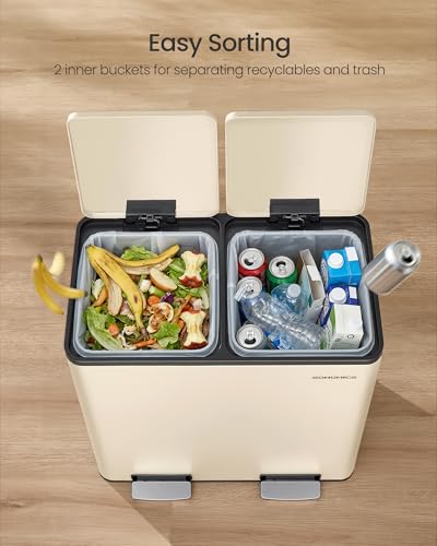 Image of SONGMICS Trash Can, Double Compartment Garbage Can, Stainless Steel | 2 X 8 Gallon (2 x 30 L) for Recycling, with 15 Liner Bags, Soft-Close Lids, Removable Buckets, Almond ULTB160AZ01