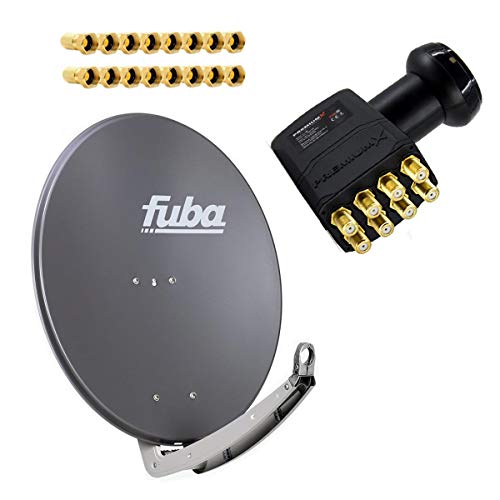 Antenne Fuba 85x85 cm Alu Anthrazit DAA 850 A mit LNB Octo 0,1 dB PremiumX PXO zum Direktanschluss von 8 Teilnehmern Digital HDTV FullHD 3D tauglich inkl. 16 F-Stecker vergoldet Cover