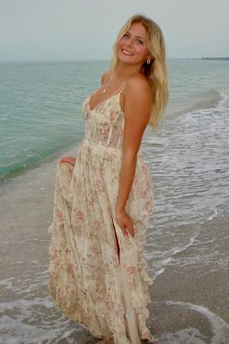 SHSUREVE Floral Print Prom Dresses for Women Ruffle Chiffon Evening Dress Tiered Long Formal Gowns with Slit4