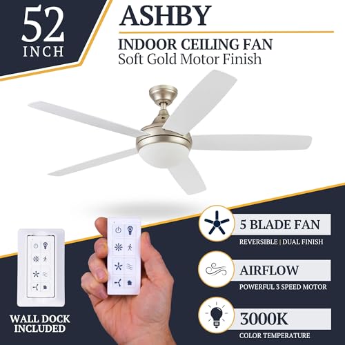 Prominence Home Ashby Modern 52 Inch Ceiling Fan with Light, LED Fan with Remote Control, Tri-Mount Indoor Fan with 5 Blades, Brown Oak and Light Oak Blade Finish Options, Soft Gold (51474-01) thumbnail 2