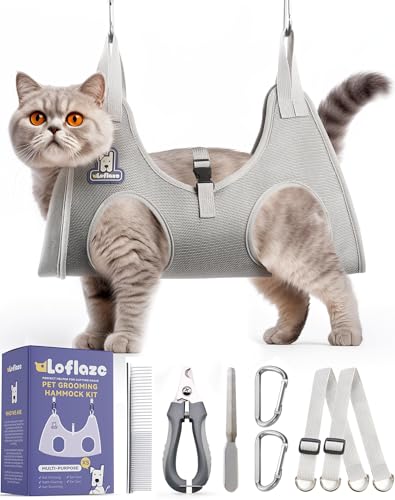 Loflaze Dog Grooming Hammock Harness for Dogs & Cats with Pet Nail Clipper Trimmer - Cat Hanger Sling for Trimming Clipping Nails- Dog Hammock Restraint Bag for Small Medium Large pet Grey XS