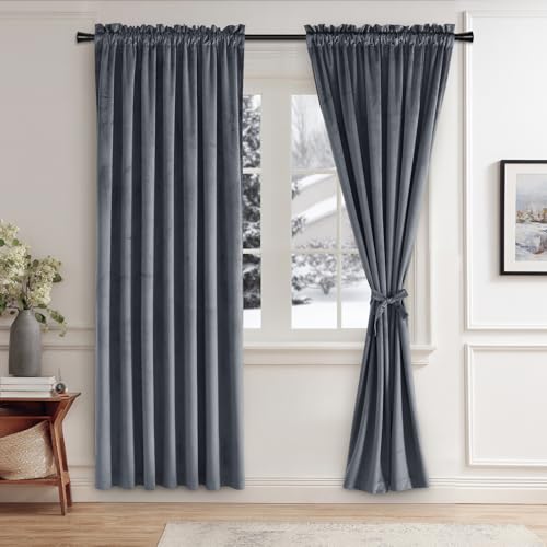 JIUZHEN Dark Grey Velvet Blackout Curtains 52W x 72L 2 Panels