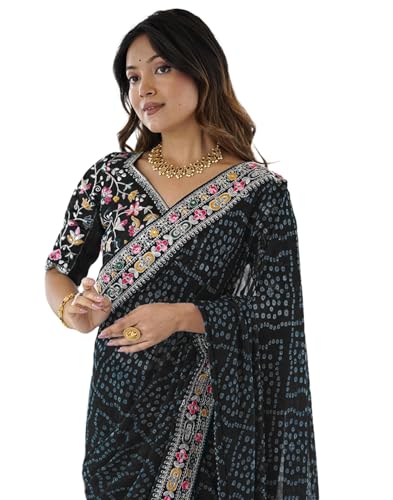 Image of SIRIL Women's Georgette Bandhani Printed Saree with Unstitched Blouse Piece