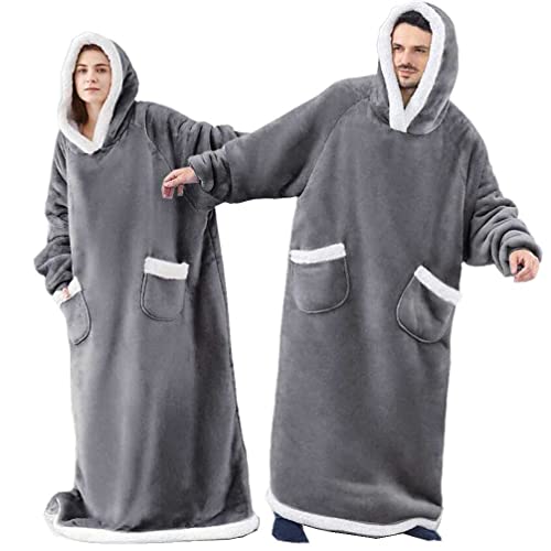 CASKIE One Piece Extra Long Hoodie Blanket for Women and Men 3XL, Oversized Fleece Wearable Sweatshirt for Adult, Super Warm Sherpa Hoodie, One Size XXXL