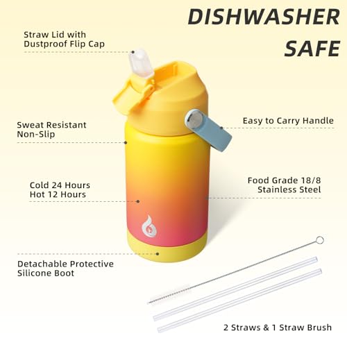 Image of BJPKPK Insulated Water Bottle with Straw Lid, 12oz Thermo Water Bottles with Soft Nozzle, Flex Handle & Non-slip Boot, BPA Free Leak Proof Stainless Steel Metal Thermo, Tumblers, Cups,Rainbow