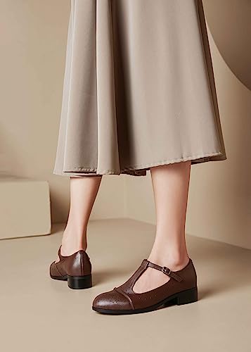Sailimy GP-202306-BROWN-8 Women'S Brown T Strap Genuine Leather Mary Jane Saddle Oxford Flats Shoes Size 8 thumb #4
